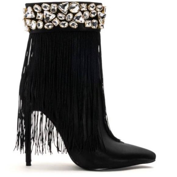 AKIRA Shoes - AZALEA WANG AVERI EMBELLISHED FRINGE BOOTIE IN BLACK